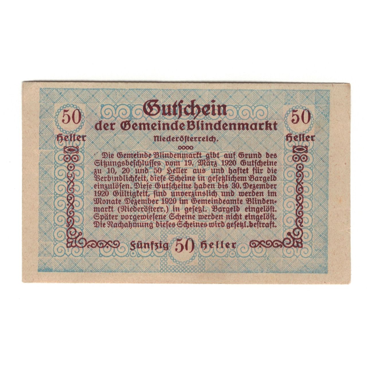 Billet, Autriche, Blindenmarkt N.Ö. Gemeinde, 50 Heller, Texte, 1920