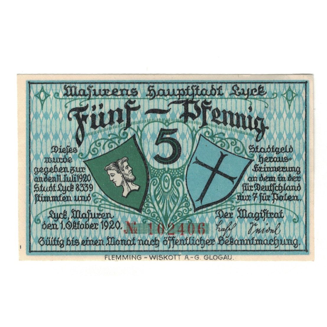 Banknote, Germany, Lyck Stadt, 5 Pfennig, paysage, 1920, 1920-10-01, AU(55-58)