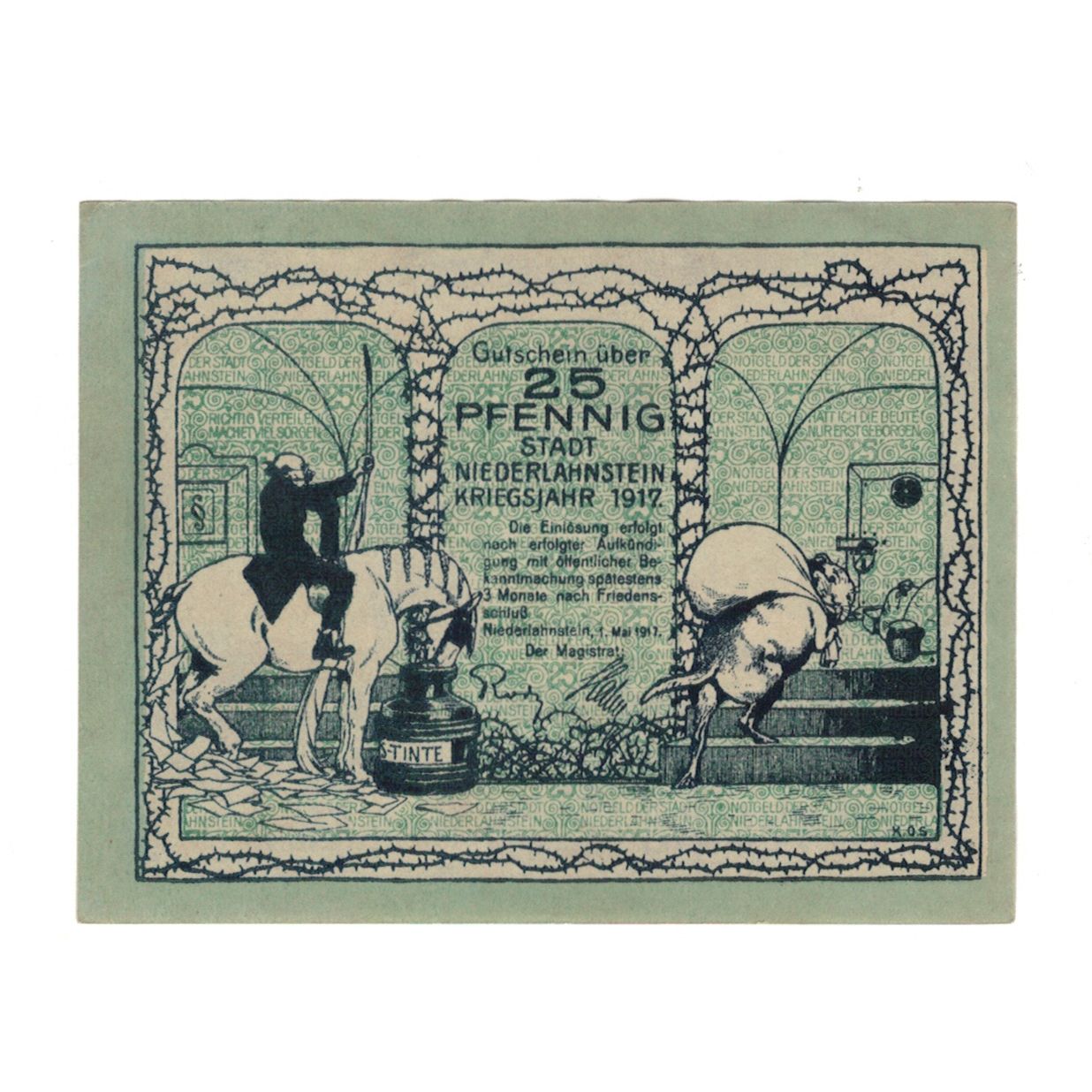 Banknote, Germany, Niederlahnstein Stadt, 25 Pfennig, personnage, 1917
