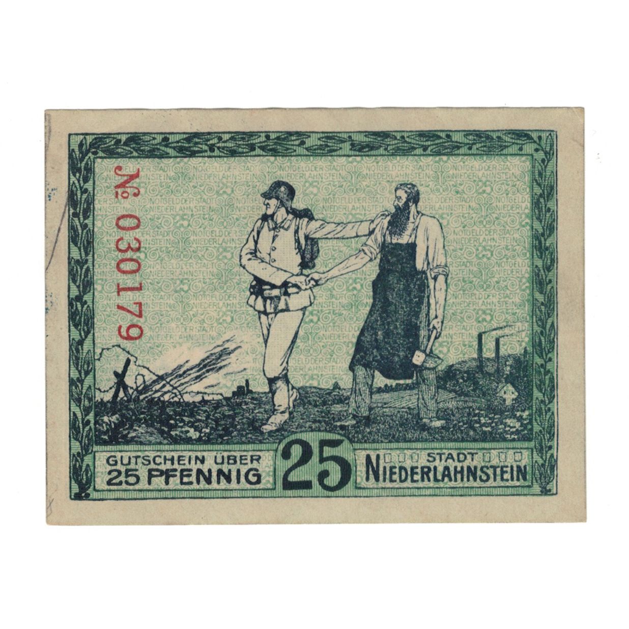 Banknote, Germany, Niederlahnstein Stadt, 25 Pfennig, personnage, 1917