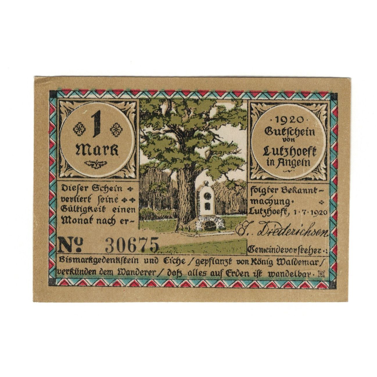 Banknote, Germany, Lutzhöft Gemeinde, 1 Mark, personnage, 1920, 1920-07-01