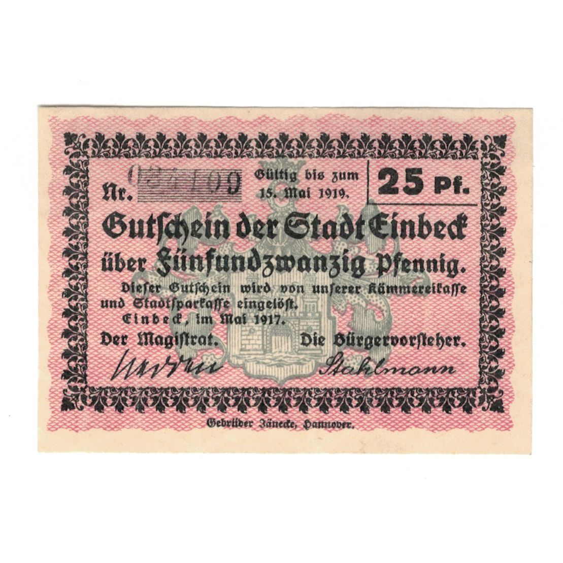 Banconote, Germania, Einbeck Stadt, 25 Pfennig, N.D, 1917, 1919-05-15, SPL-