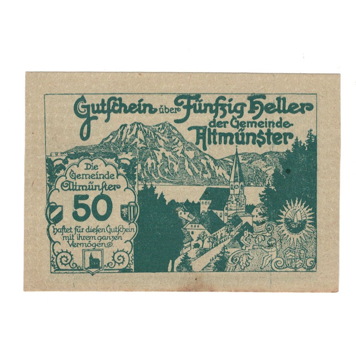 Banconote, Austria, Altmünster O.Ö. Gemeinde, 50 Heller, paysage, 1920