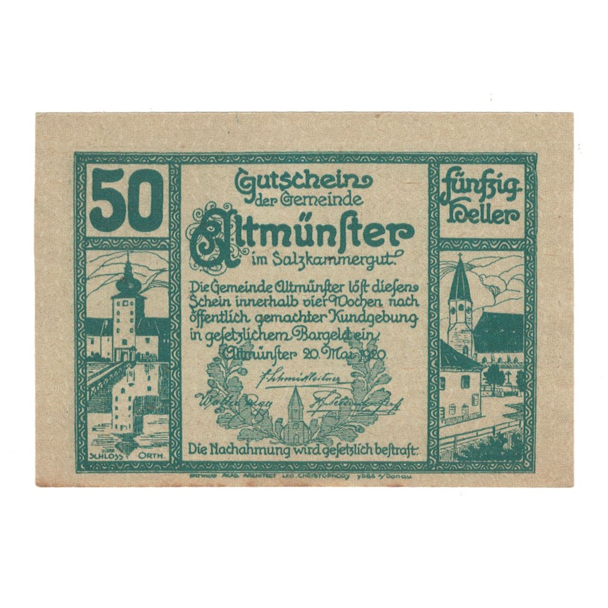 Banconote, Austria, Altmünster O.Ö. Gemeinde, 50 Heller, paysage, 1920