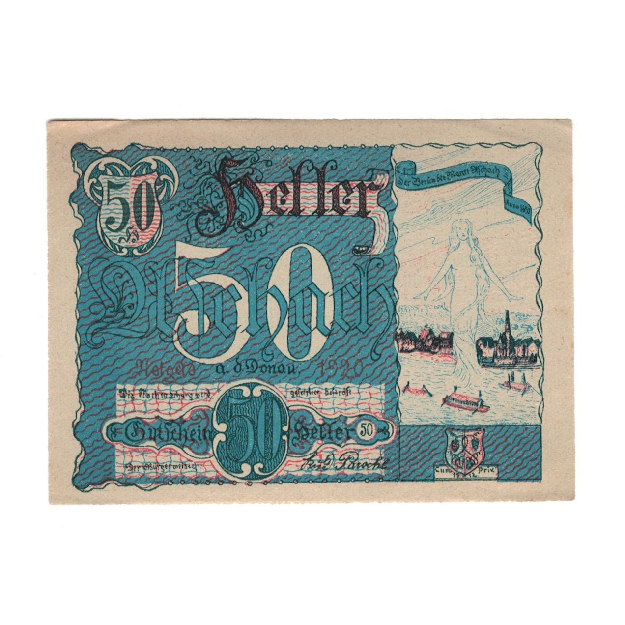 Banconote, Austria, Aschach a. Donau O.Ö. Marktgemeinde, 50 Heller, Texte