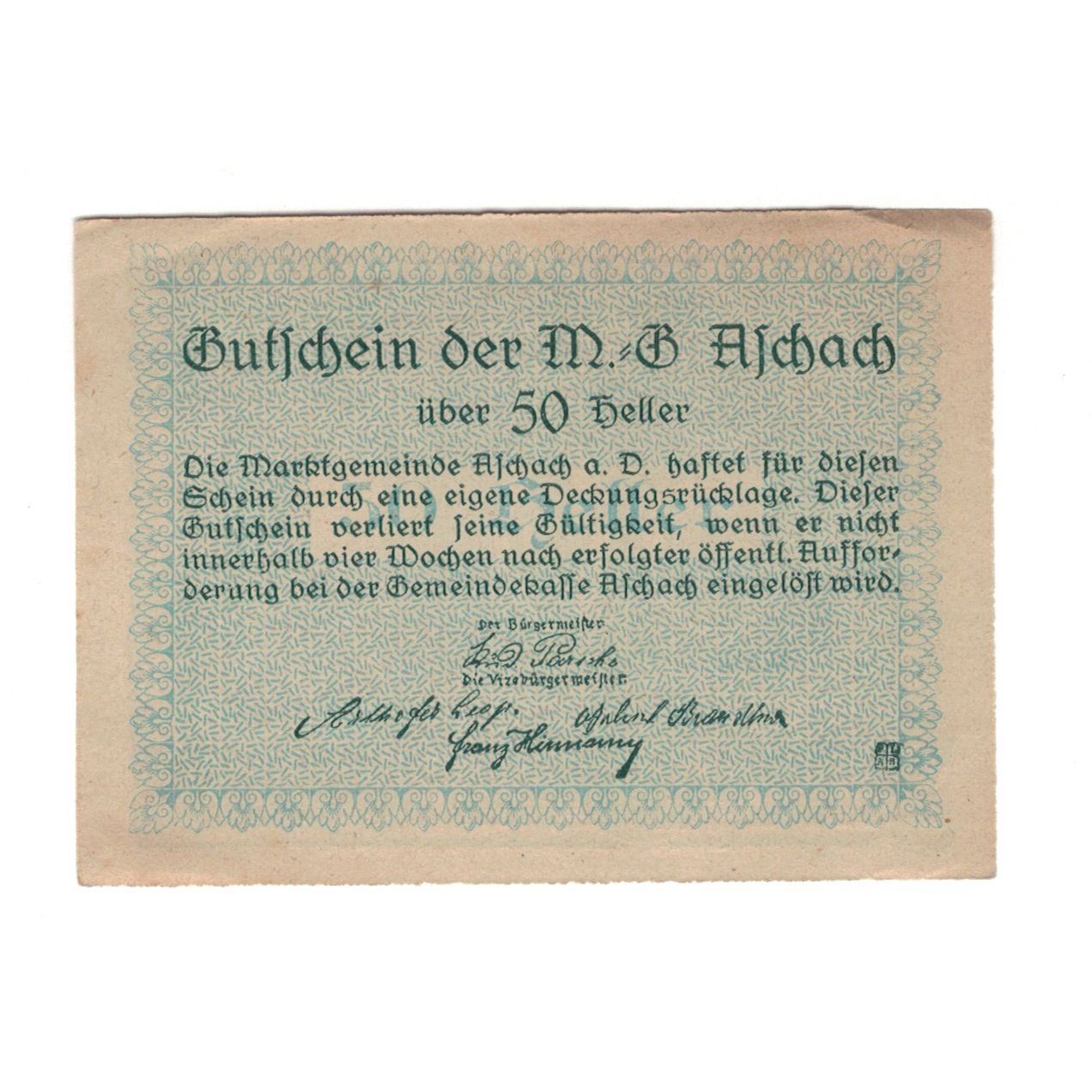 Banconote, Austria, Aschach a. Donau O.Ö. Marktgemeinde, 50 Heller, Texte