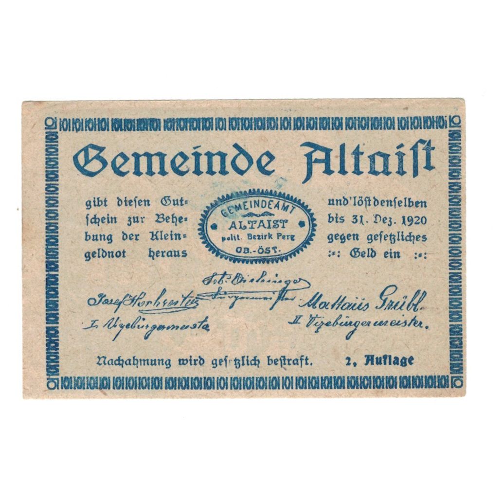 Banknote, Austria, Altaist O.Ö. Gemeinde, 10 Heller, paysage, 1920, 1920-12-31