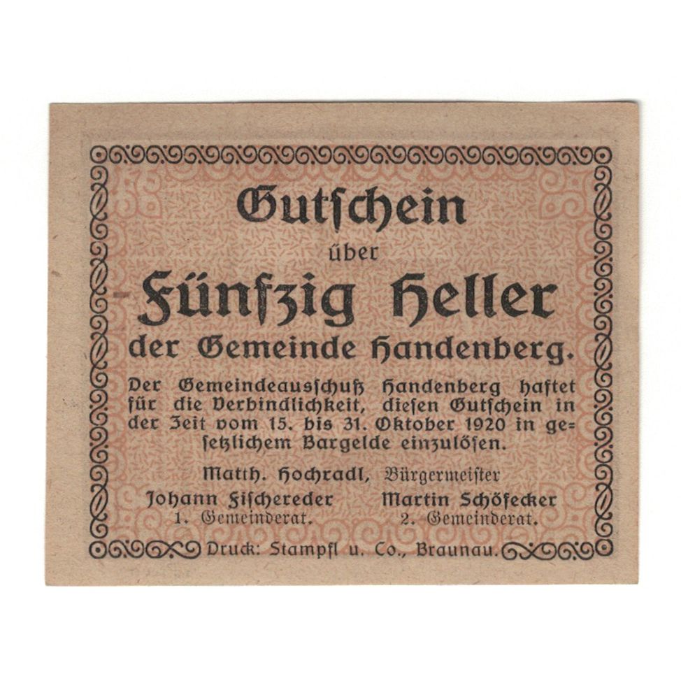 Biljet, Oostenrijk, Handenberg O.Ö. Gemeinde, 50 Heller, paysage, 1920