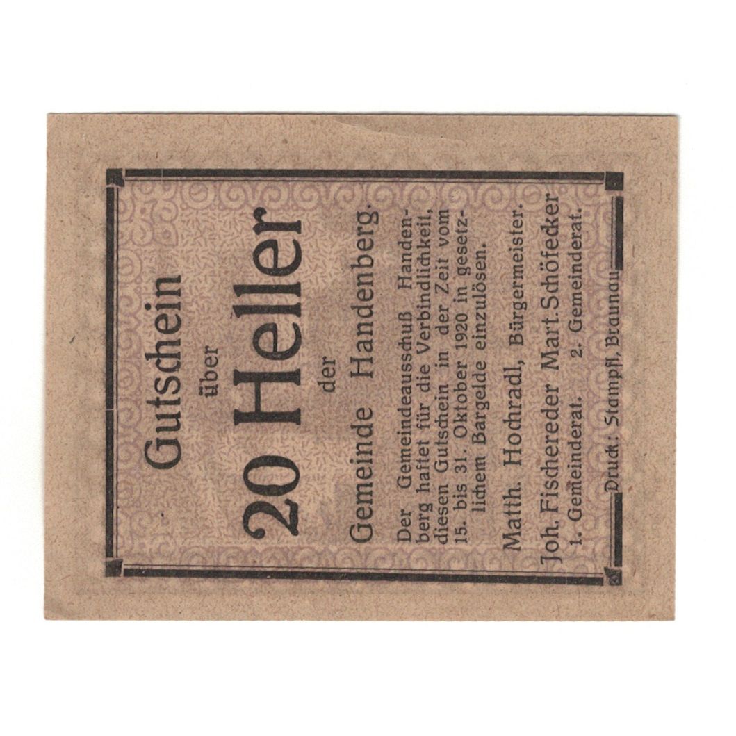Banconote, Austria, Handenberg O.Ö. Gemeinde, 20 Heller, Eglise, 1920