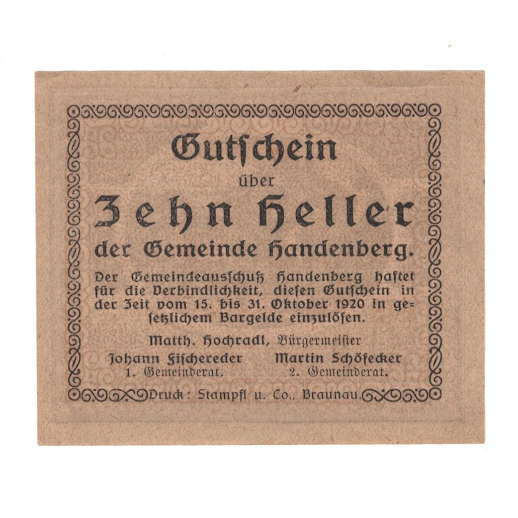 Banconote, Austria, Handenberg O.Ö. Gemeinde, 10 Heller, village, 1920