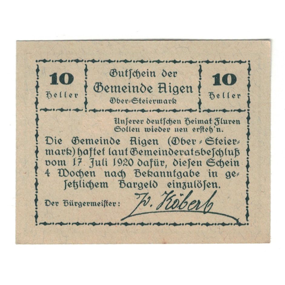 Banknote, Austria, Aigen Sbg. Gemeinde, 10 Heller, paysage, 1920, 1920-07-17