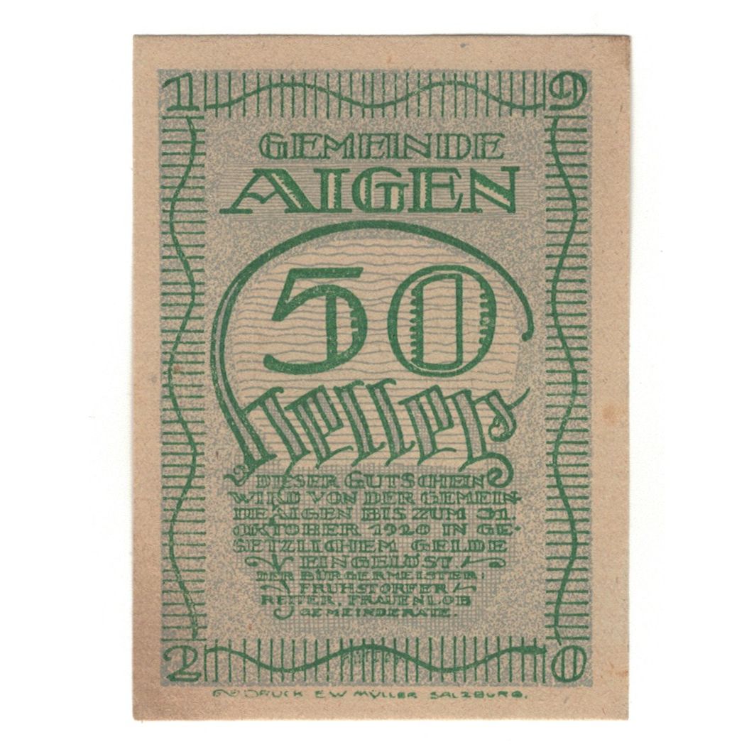 Banknote, Austria, Aigen Sbg. Gemeinde, 50 Heller, paysage, 1920, 1920-12-31