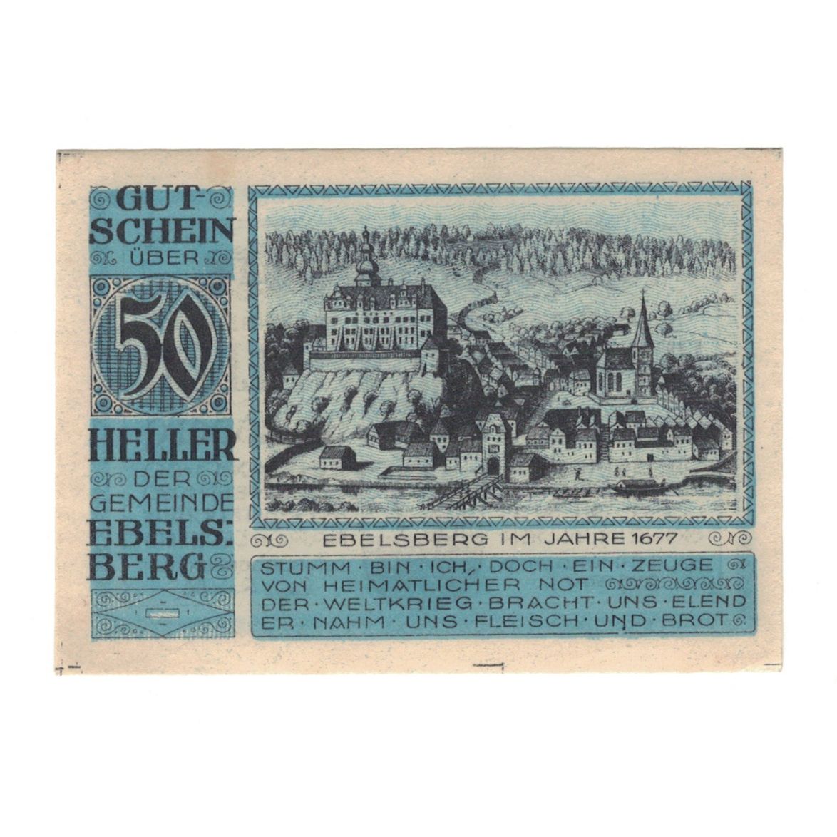 Geldschein, Österreich, Ebelsberg O.Ö. Gemeinde, 50 Heller, château, 1920
