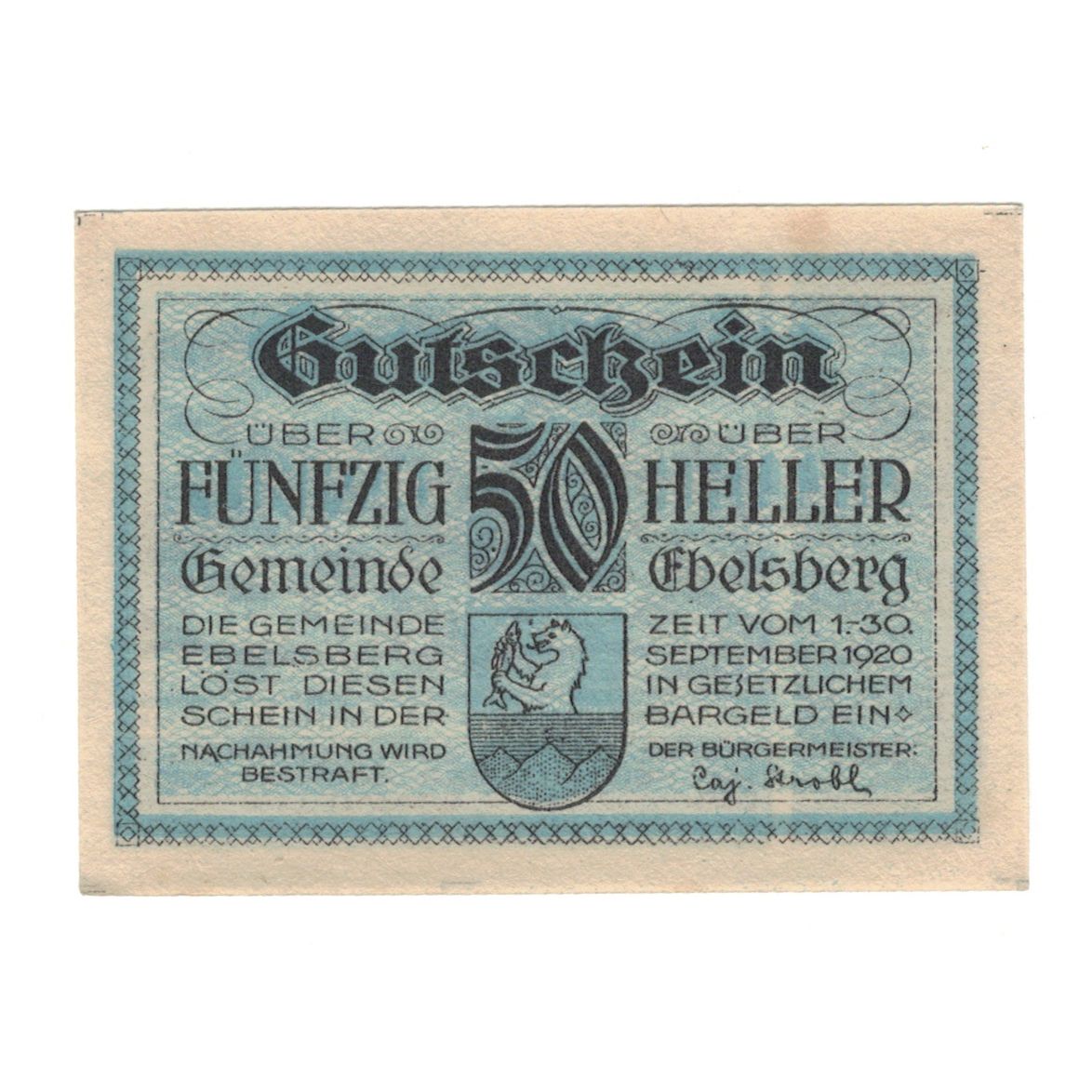 Geldschein, Österreich, Ebelsberg O.Ö. Gemeinde, 50 Heller, château, 1920