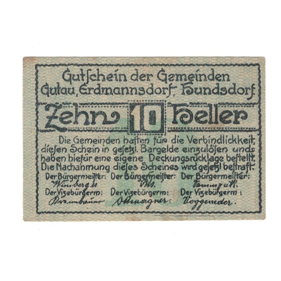 Banknote, Austria, Gutau, 10 Heller, Monument, 1920, 1920-12-31, AU(55-58)