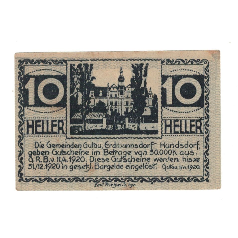 Banknote, Austria, Gutau, 10 Heller, Monument, 1920, 1920-12-31, AU(55-58)