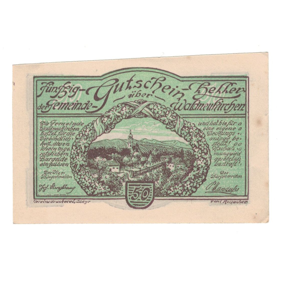 Banknote, Austria, Waldneukirchen O.Ö. Gemeinde, 50 Heller, paysage, AU(55-58)