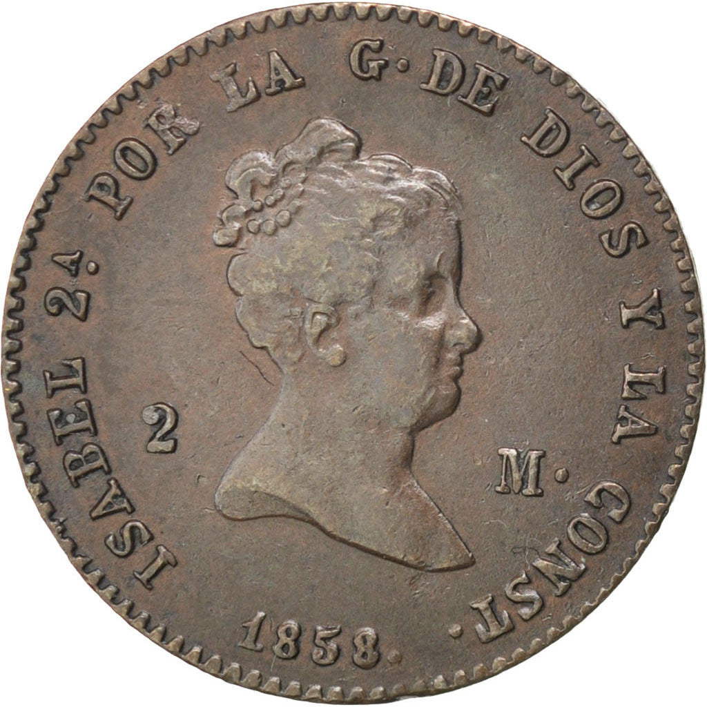 SPAIN, 2 Maravedis, 1858, Barcelone, KM #532.1, AU(50-53), Copper, 2.42