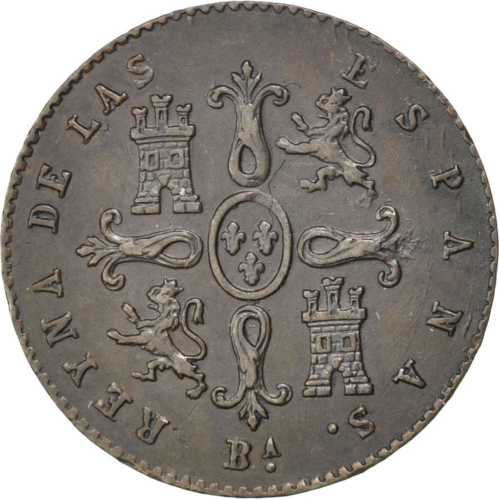 SPAIN, 2 Maravedis, 1858, Barcelone, KM #532.1, AU(50-53), Copper, 2.42