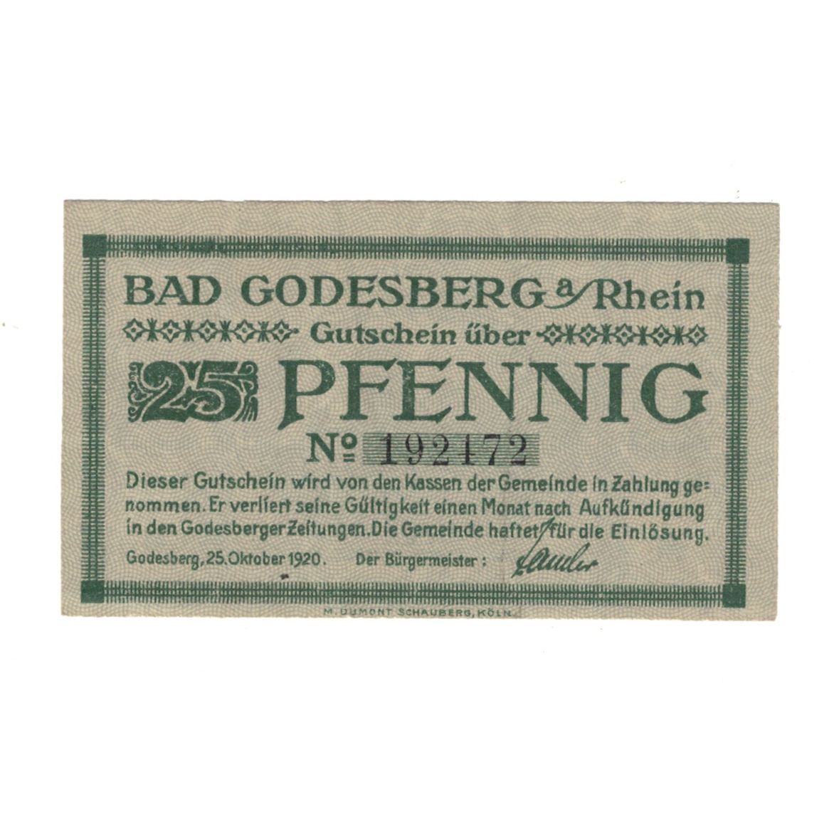 Banknote, Germany, Godesberg Bad Stadt, 25 Pfennig, château, 1920, 1920-10-25
