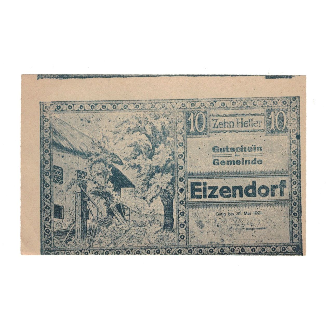 Billet, Autriche, Eizendorf O.Ö. Gemeinde, 10 Heller, Batiment, 1921