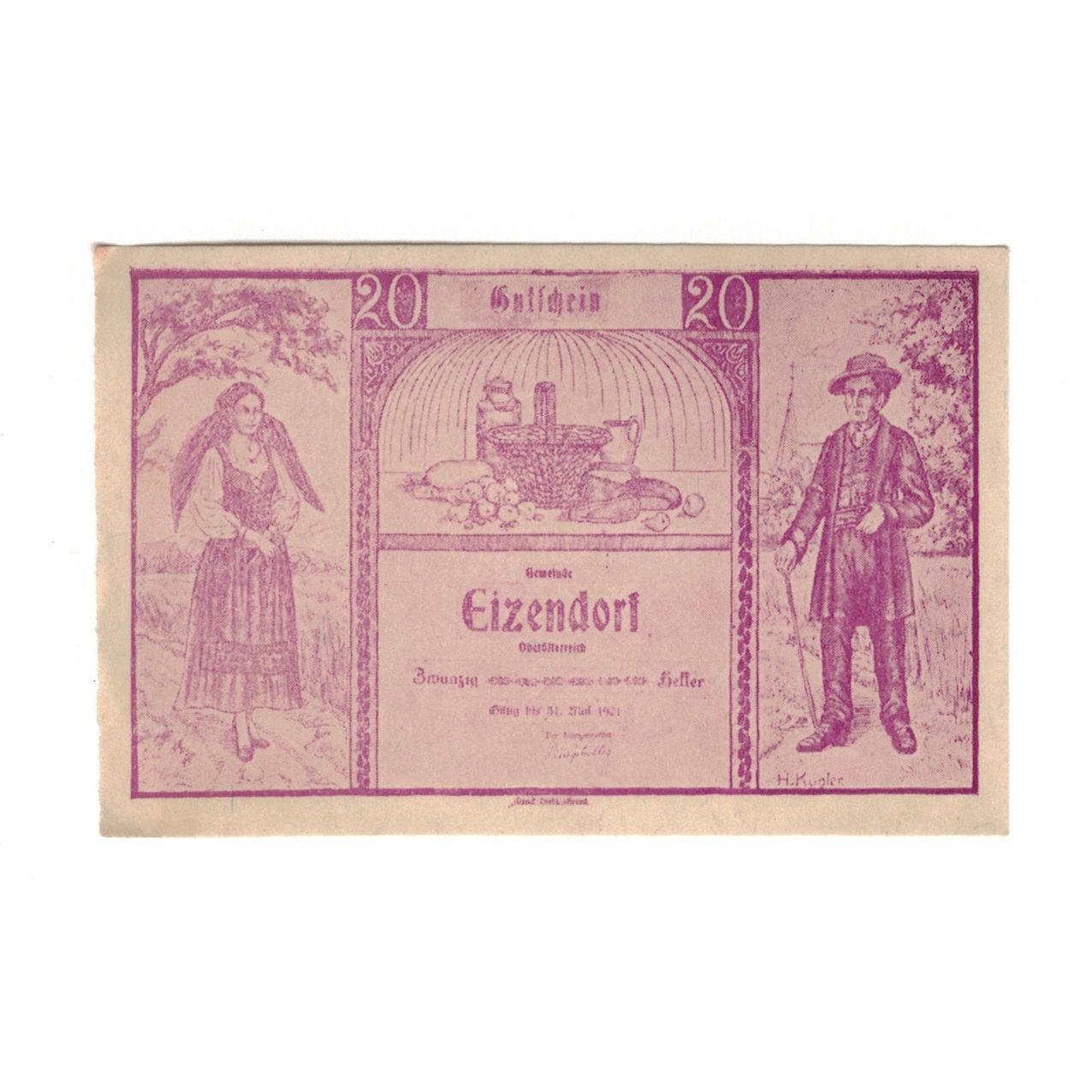 Geldschein, Österreich, Eizendorf O.Ö. Gemeinde, 20 Heller, personnage, 1921