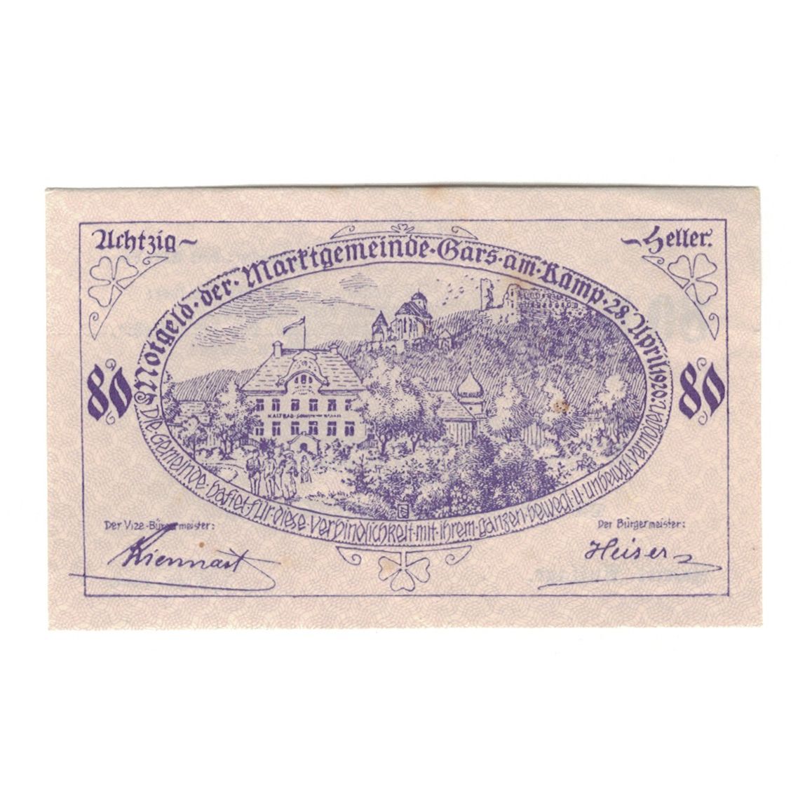 Banknote, Austria, Gars am Kamp N.Ö. Marktgemeinde, 80 Heller, paysage, 1920