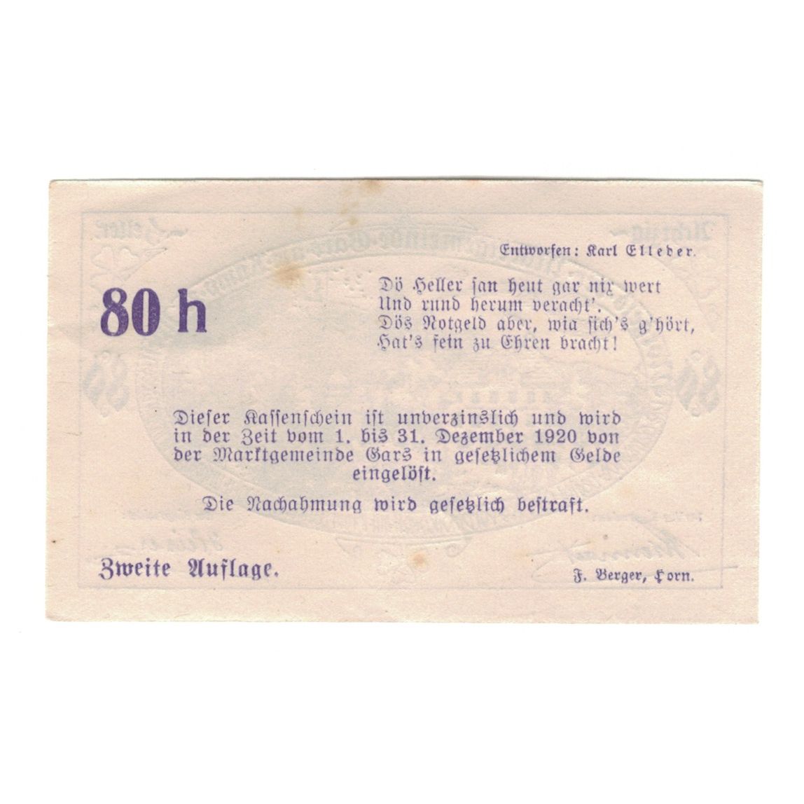 Banknote, Austria, Gars am Kamp N.Ö. Marktgemeinde, 80 Heller, paysage, 1920