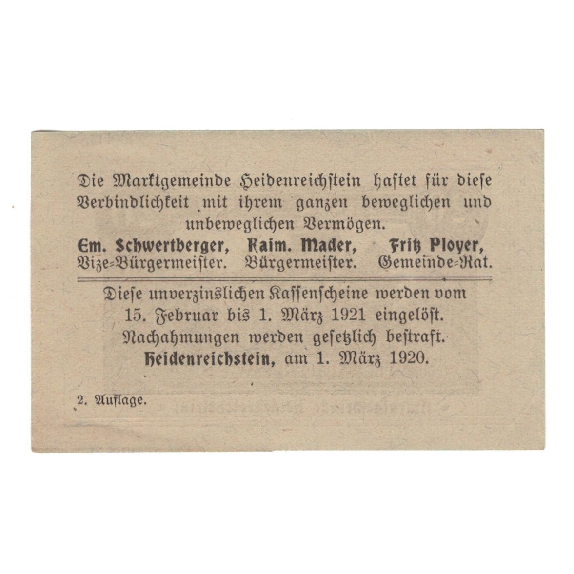 Banknote, Austria, Heidenreichstein N.Ö. Marktgemeinde, 20 Heller, Texte, 1920