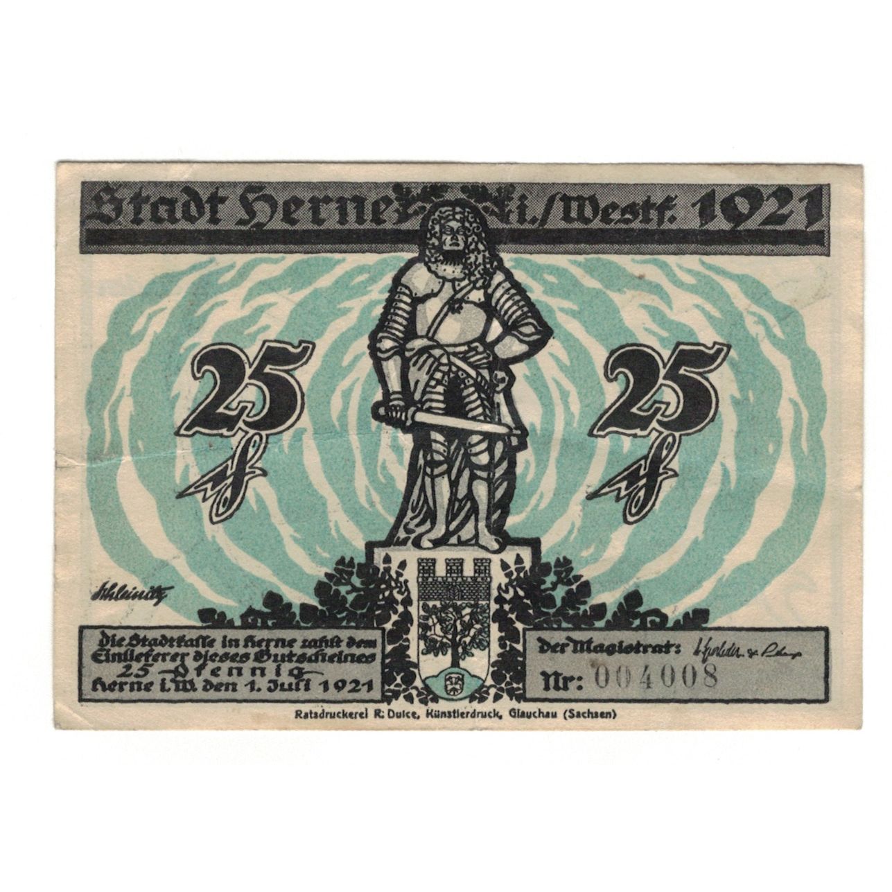 Billet, Allemagne, Herne Stadt, 25 Pfennig, personnage, 1921, 1921-07-01, SUP