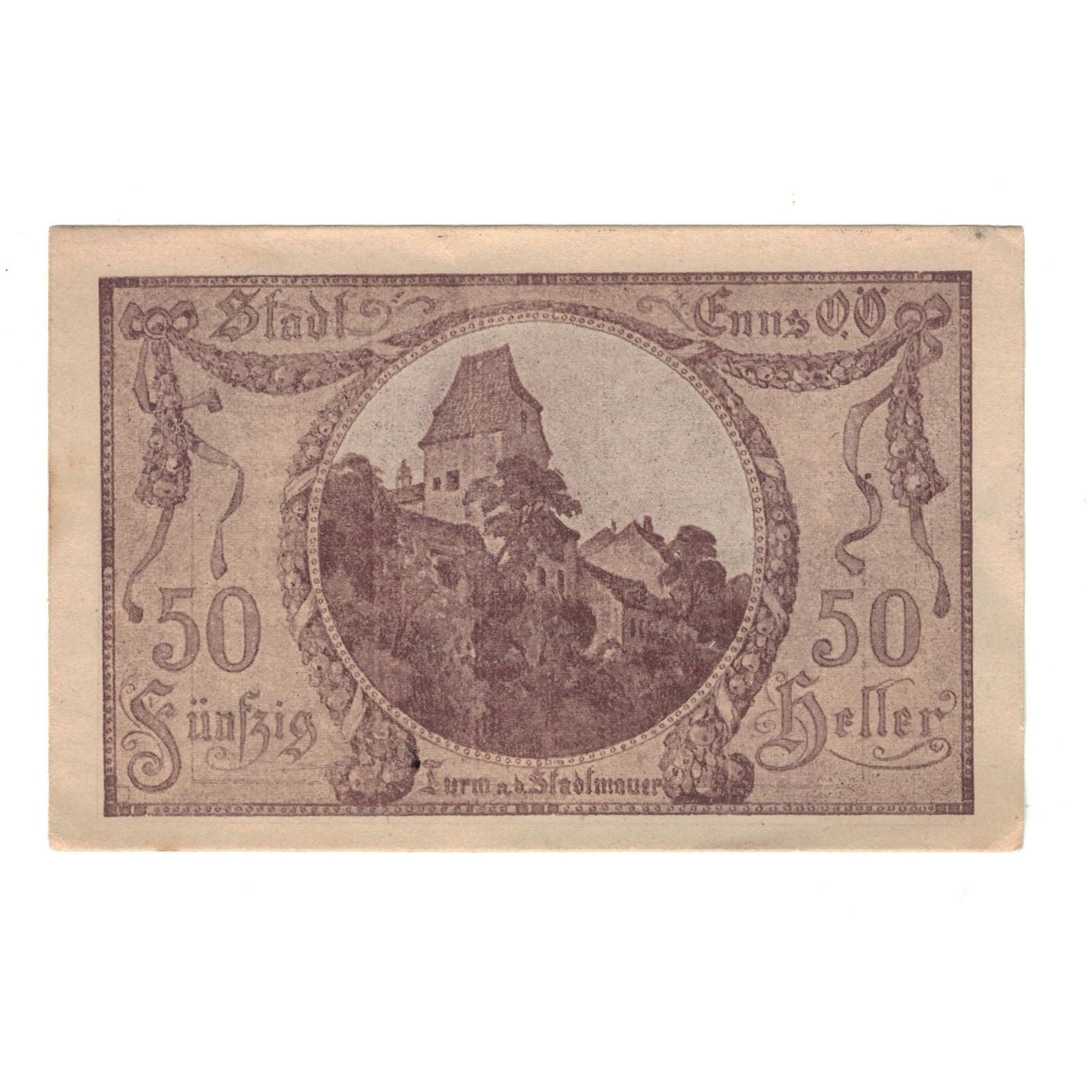 Banknote, Austria, Enns O.Ö. Stadtgemeinde, 50 Heller, village, 1920