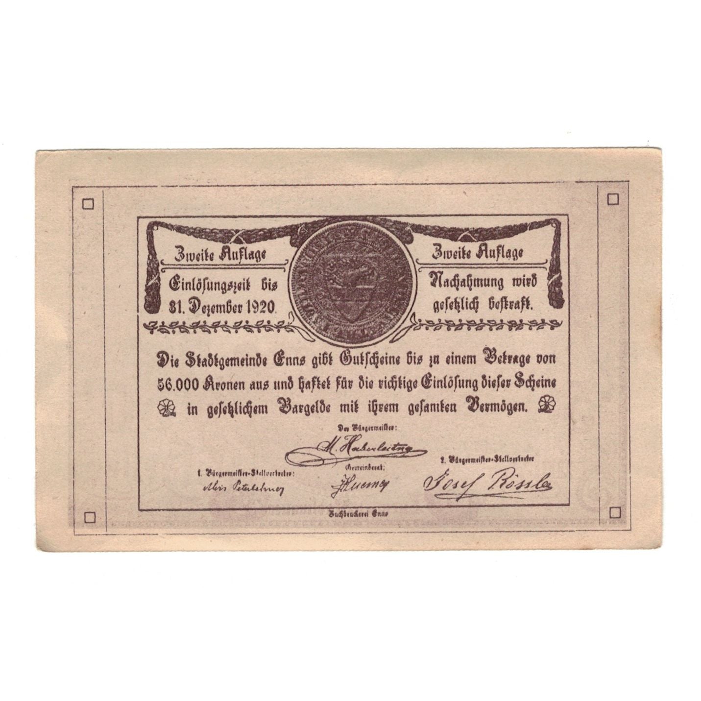 Banknote, Austria, Enns O.Ö. Stadtgemeinde, 50 Heller, village, 1920
