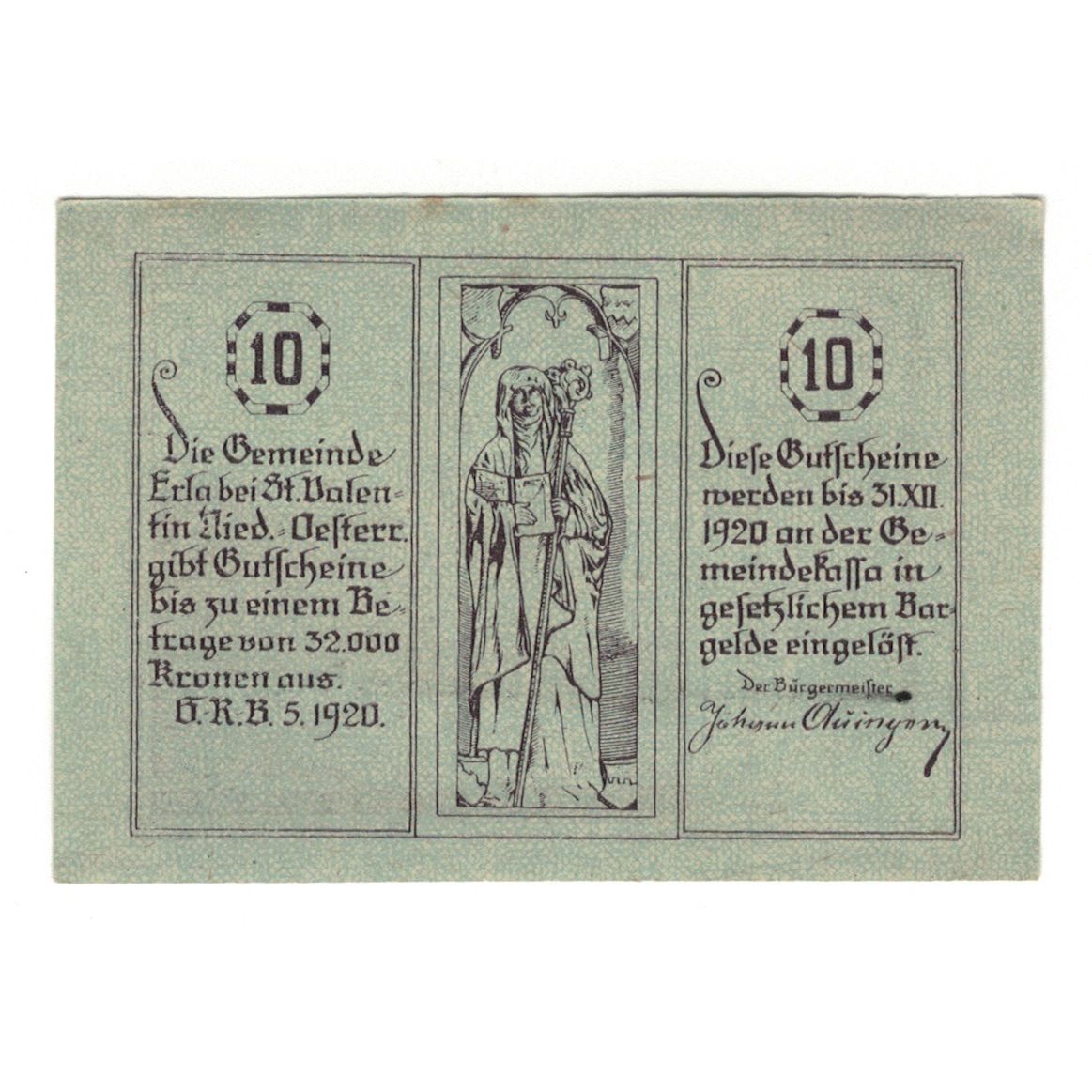 Banknote, Austria, Erla N.Ö. Gemeinde, 10 Heller, paysage, 1920, 1920-12-31