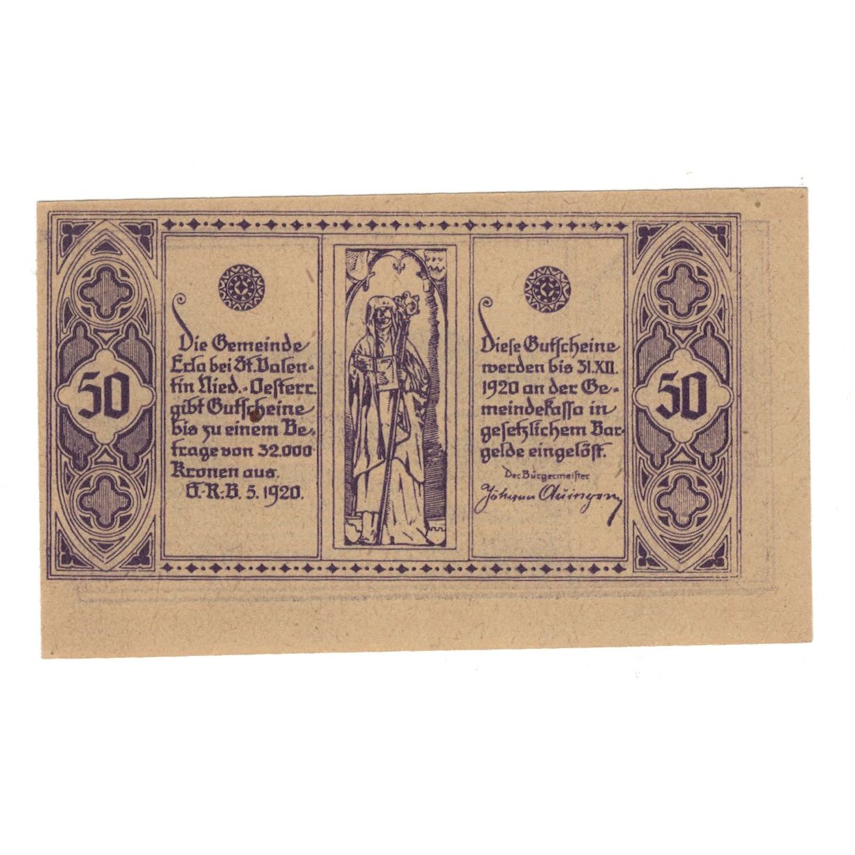 Banknote, Austria, Erla N.Ö. Gemeinde, 50 Heller, village, 1920, 1920-12-31