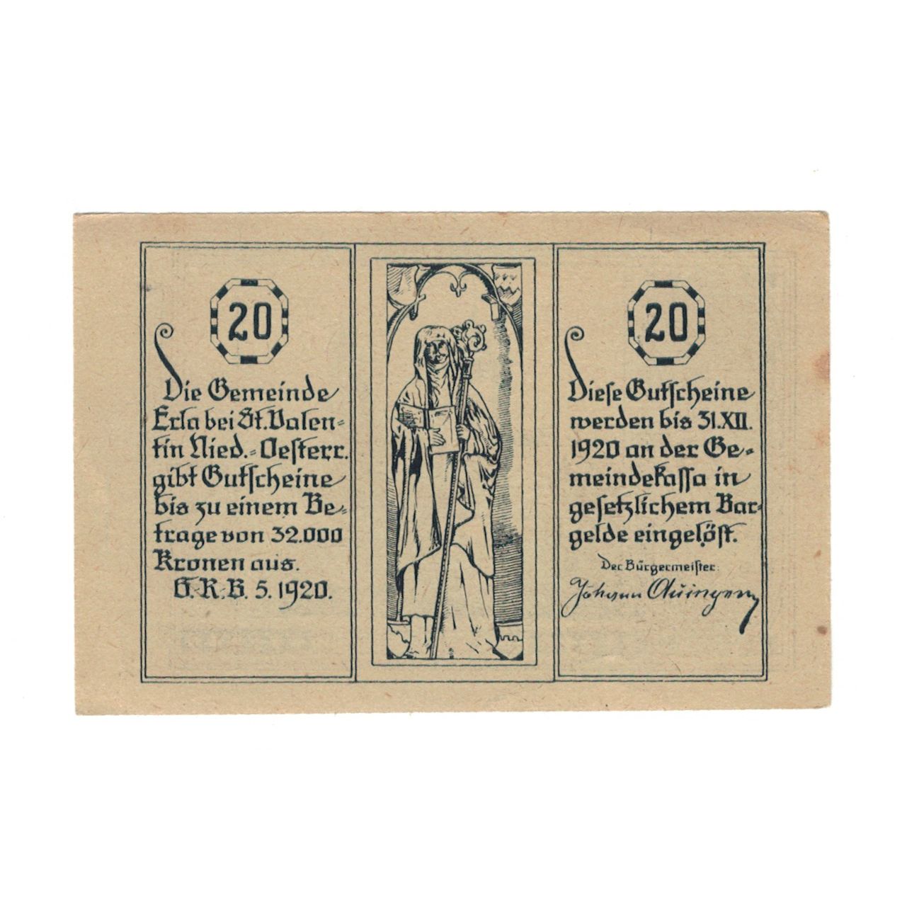 Banknote, Austria, Erla N.Ö. Gemeinde, 20 Heller, village, 1920, 1920-12-31