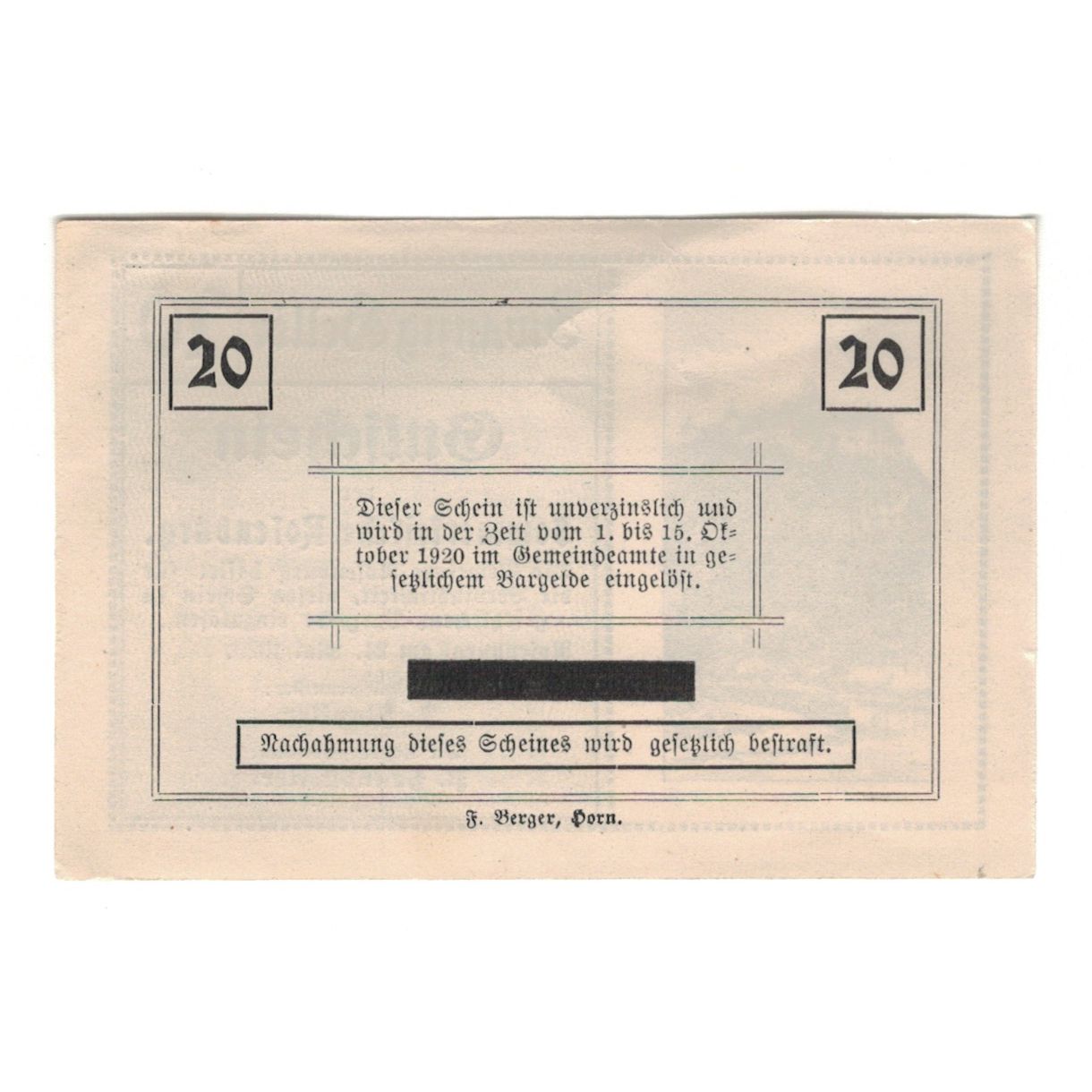 Banknote, Austria, Rosenburg N.Ö. Gemeinde, 20 Heller, village, 1920
