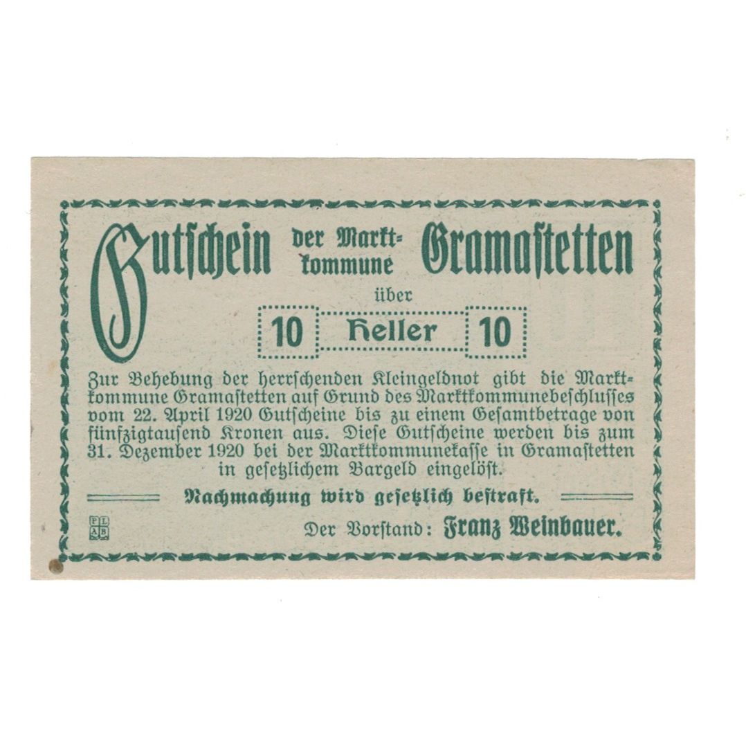 Banknote, Austria, Gramastetten N.Ö. Marktkommune, 10 Heller, paysage, 1920