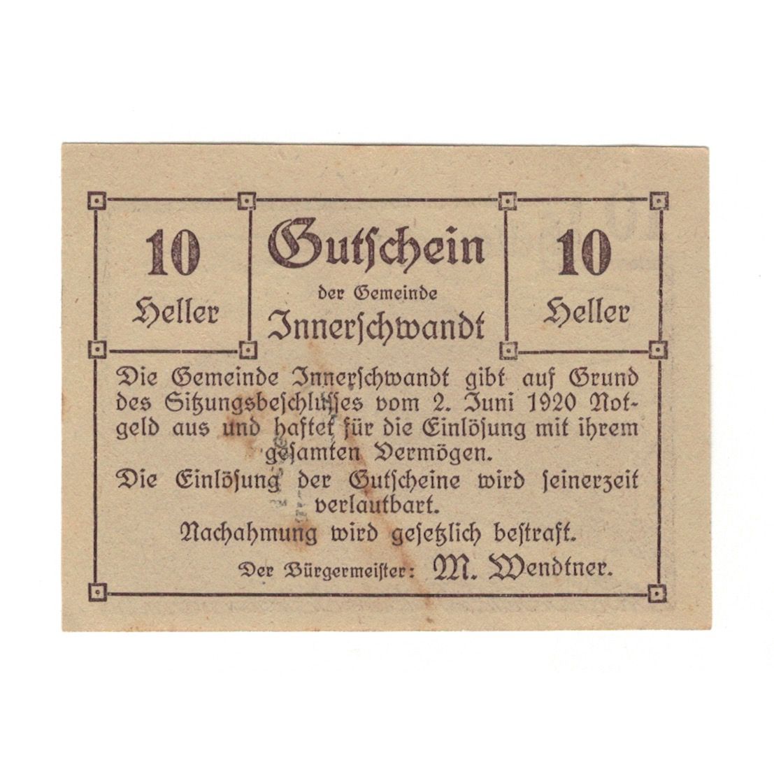 Banknote, Austria, Innerchwandt, 10 Heller, Maison, 1920, 1920-06-02, AU(55-58)