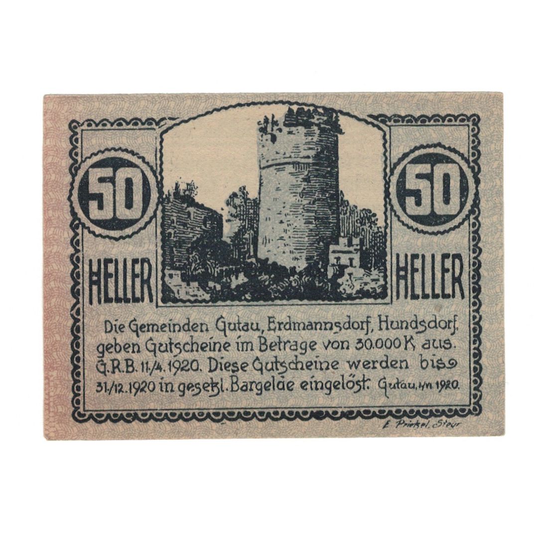 Banknote, Austria, Gutau, 50 Heller, château, 1920, 1920-12-31, AU(55-58)