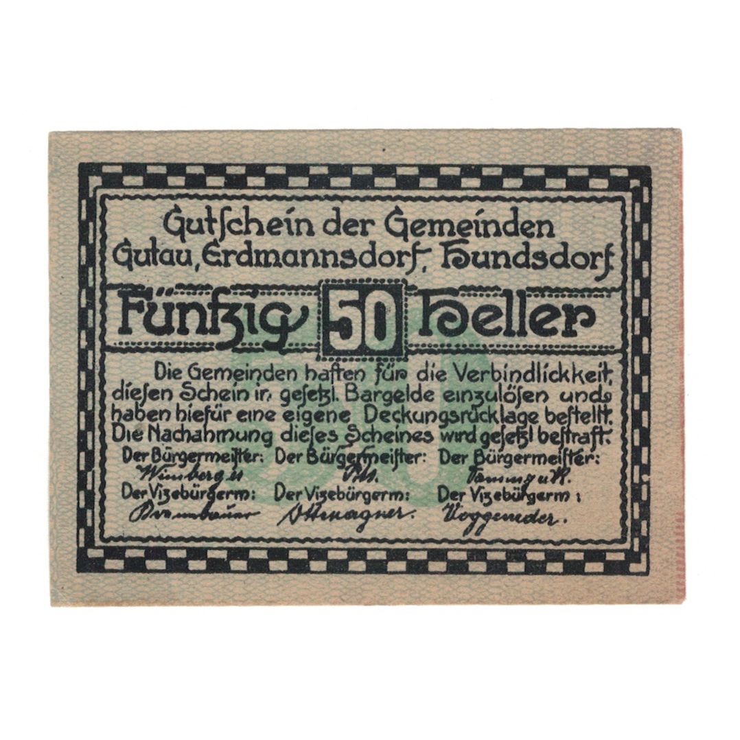 Banknote, Austria, Gutau, 50 Heller, château, 1920, 1920-12-31, AU(55-58)