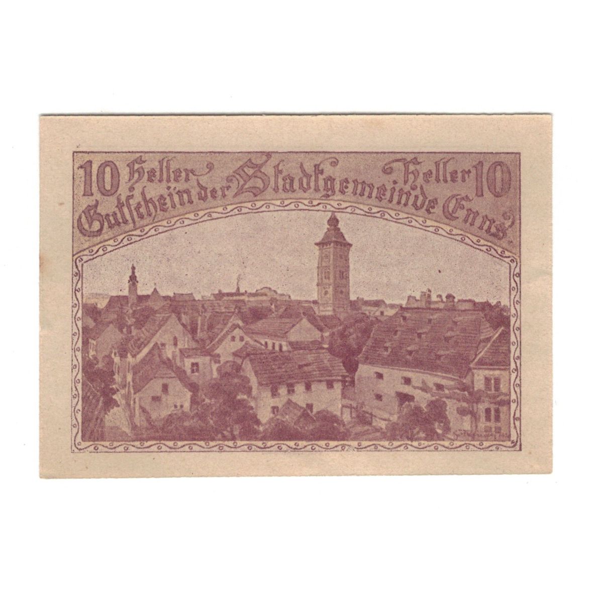 Banknote, Austria, Enns O.Ö. Stadtgemeinde, 10 Heller, village, 1920