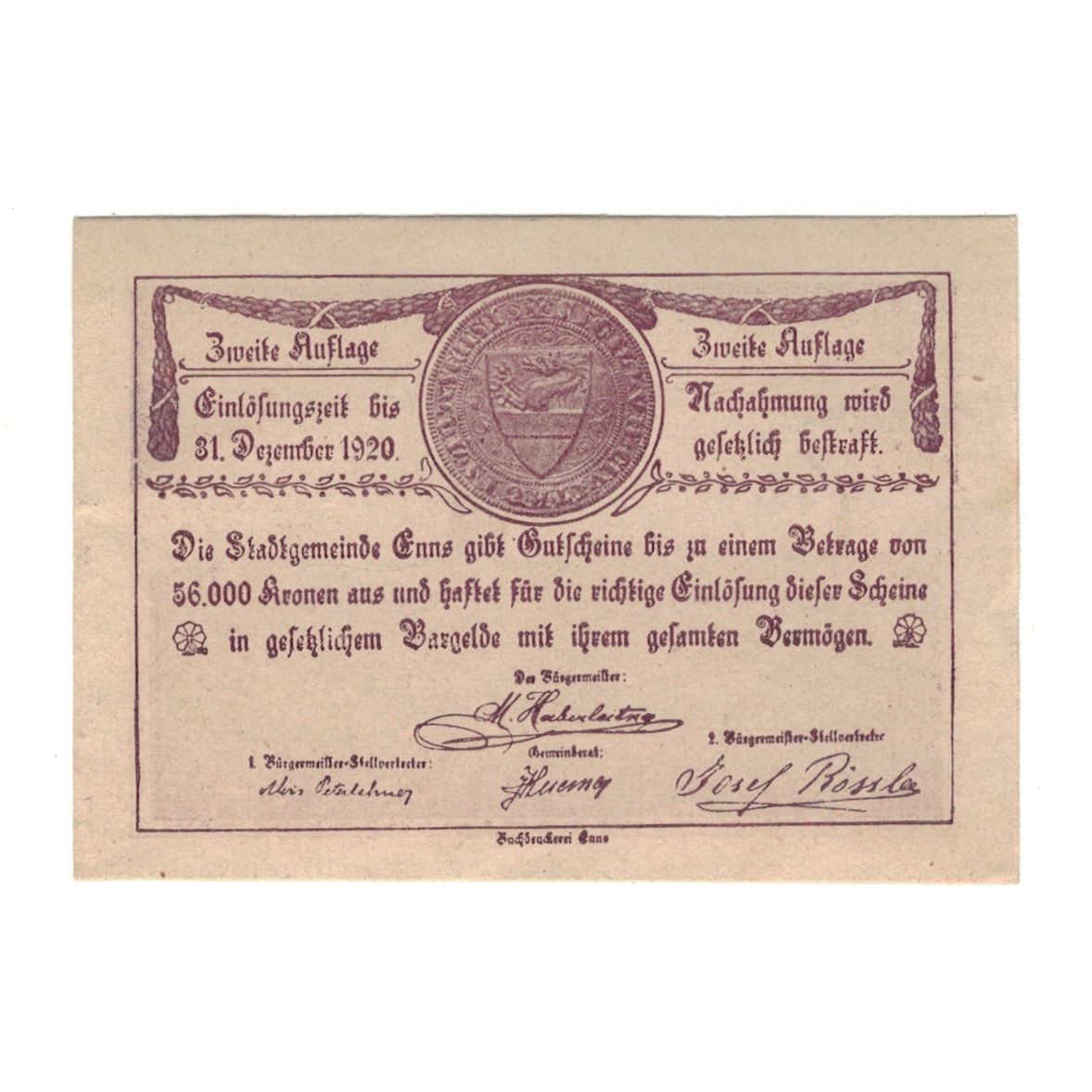 Banknote, Austria, Enns O.Ö. Stadtgemeinde, 10 Heller, village, 1920