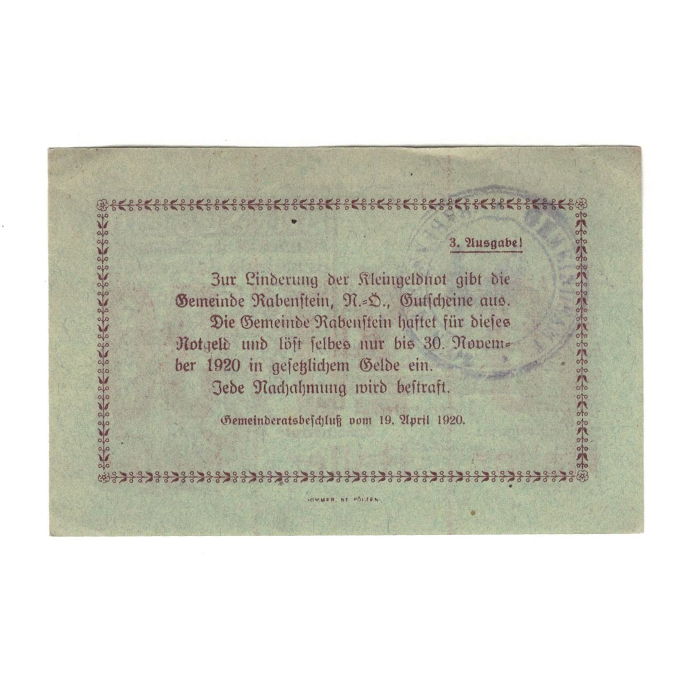 Biljet, Oostenrijk, Rabenstein N.Ö. Gemeinde, 60 Heller, paysage, 1920