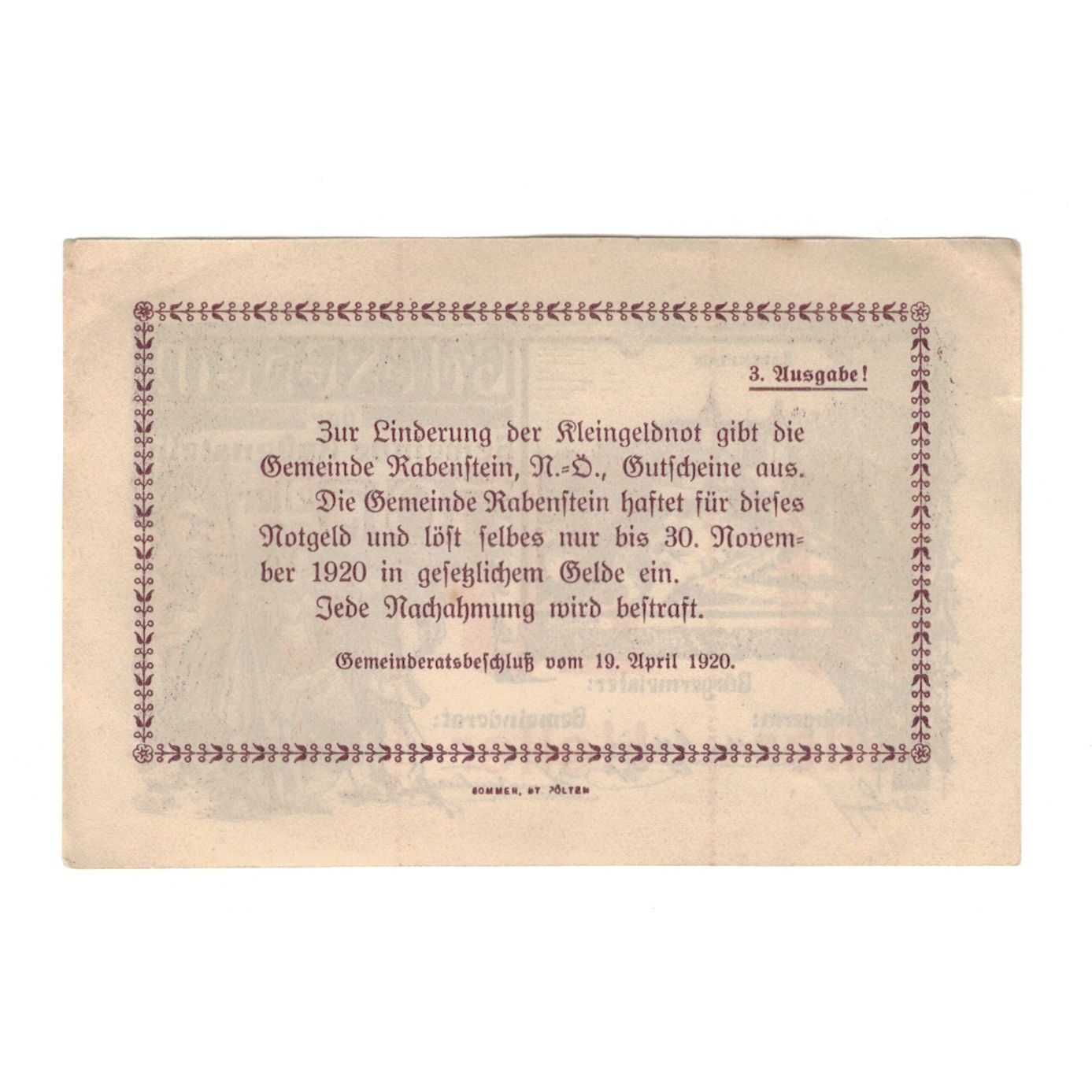 Geldschein, Österreich, Rabenstein N.Ö. Gemeinde, 60 Heller, paysage, 1920