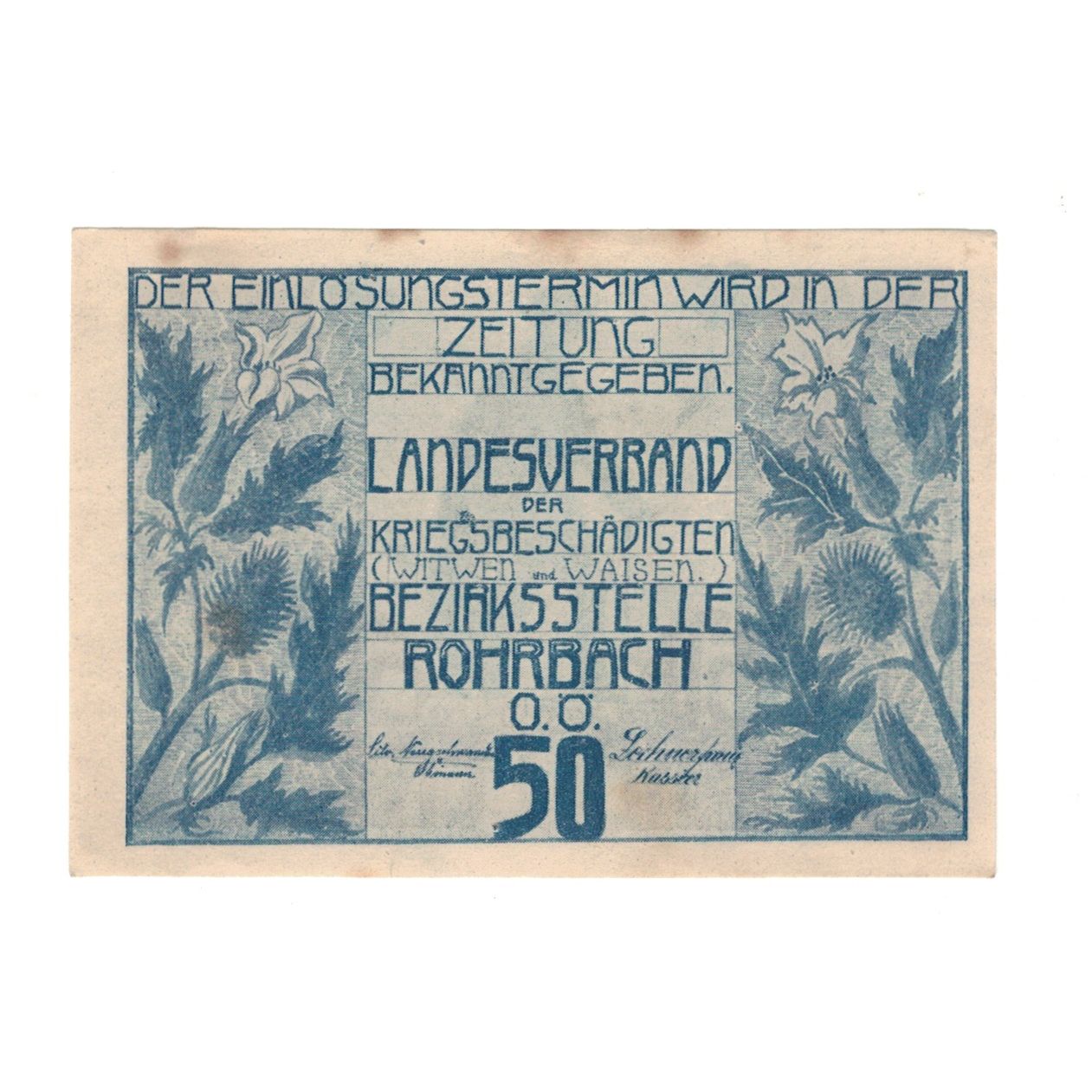 Banknote, Austria, Rohrbach O.Ö. Prv. Landesverband der Kriegsbeschädigten, 50