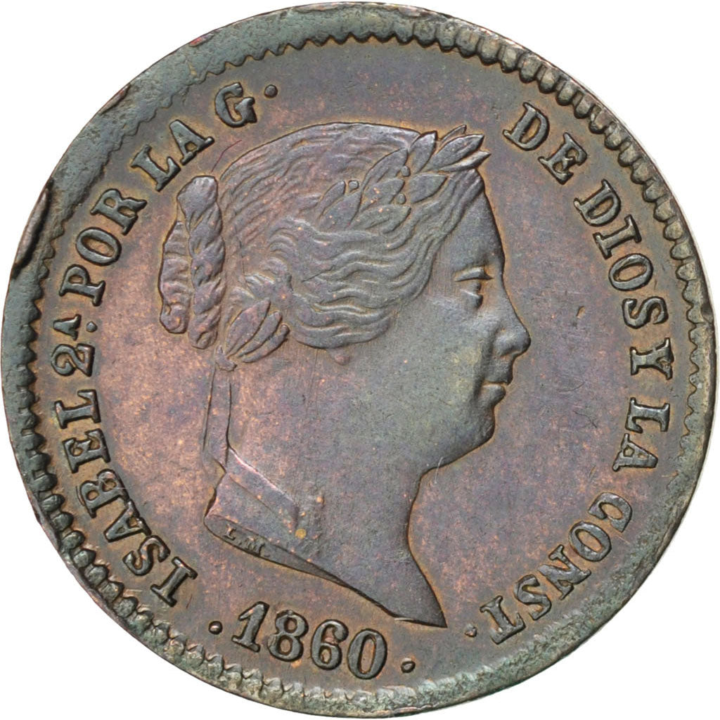 SPAIN, 5 Centimos, 1860, Ségovie, KM #602, AU(55-58), Copper, 1.81