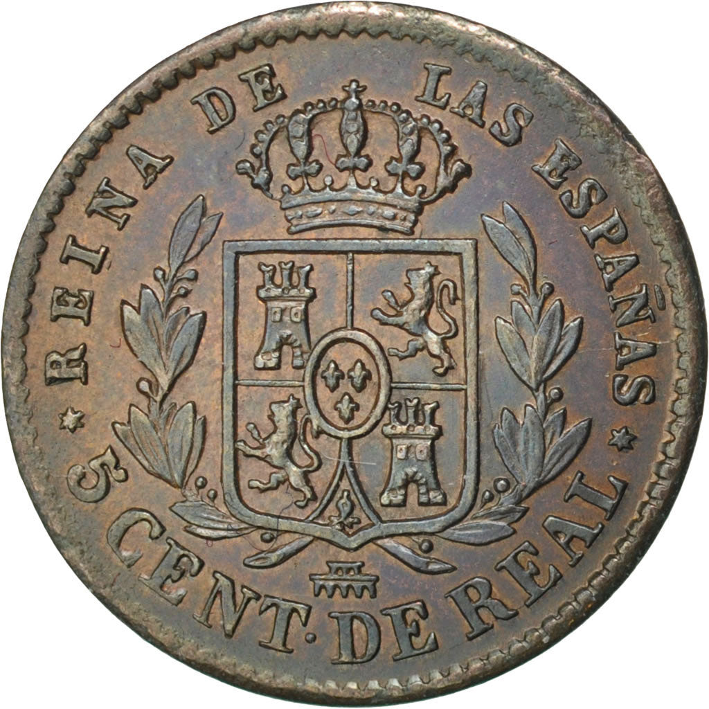 SPAIN, 5 Centimos, 1860, Ségovie, KM #602, AU(55-58), Copper, 1.81