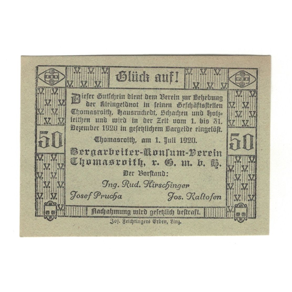 Banknote, Austria, Thomasroith, 50 Heller, personnage, 1920, 1920-12-31
