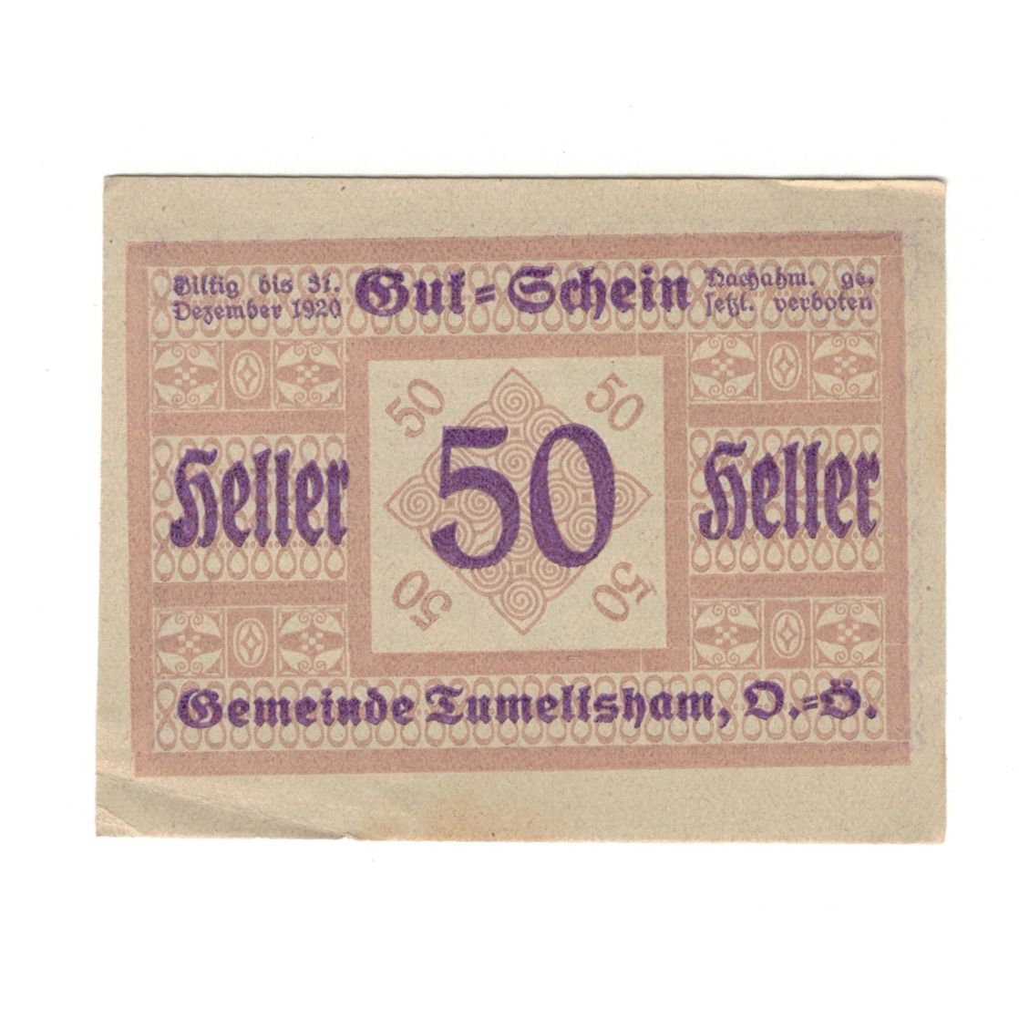 Biljet, Oostenrijk, Tumeltsham O.Ö. Gemeinde, 50 Heller, Texte, 1920