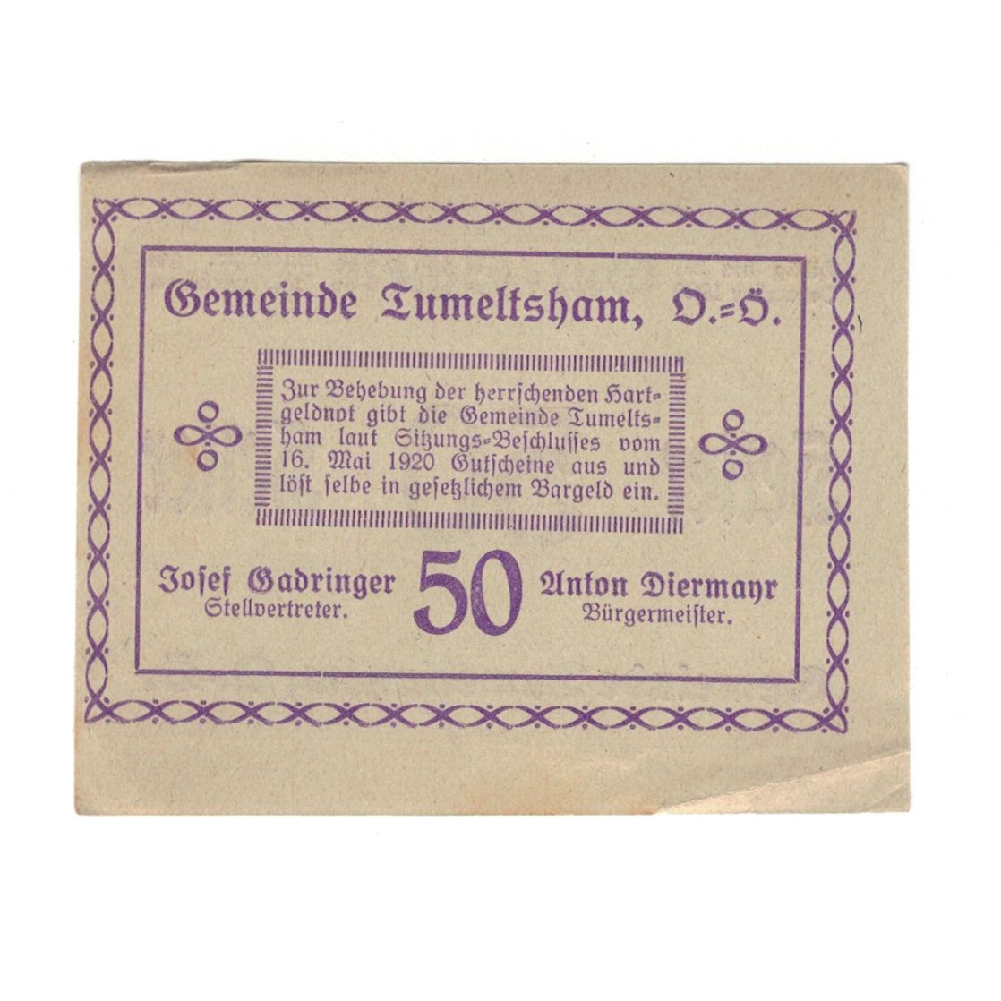 Biljet, Oostenrijk, Tumeltsham O.Ö. Gemeinde, 50 Heller, Texte, 1920